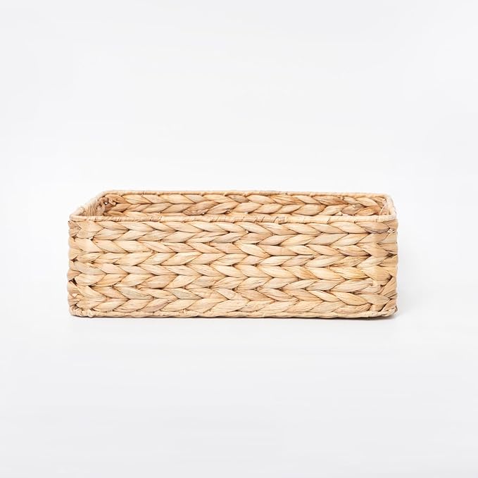 YAHUAN Pantry Basket, Water Hyacinth Storage Basket with Handles Shallow Basket for Organizing, Shelves, Pantry Organizers and Storage, 15.35"L x 11.8"W x 4.72"H (Brown)