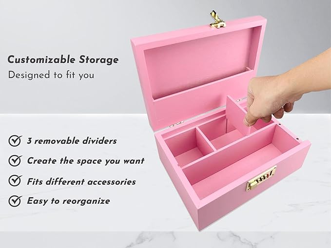 Smell Proof Stash Box with Lock & 5 Piece Accessory Kit – Pink Bamboo Organizer with Removable Tray – Large Odor Proof Storage Case for Home or Travel