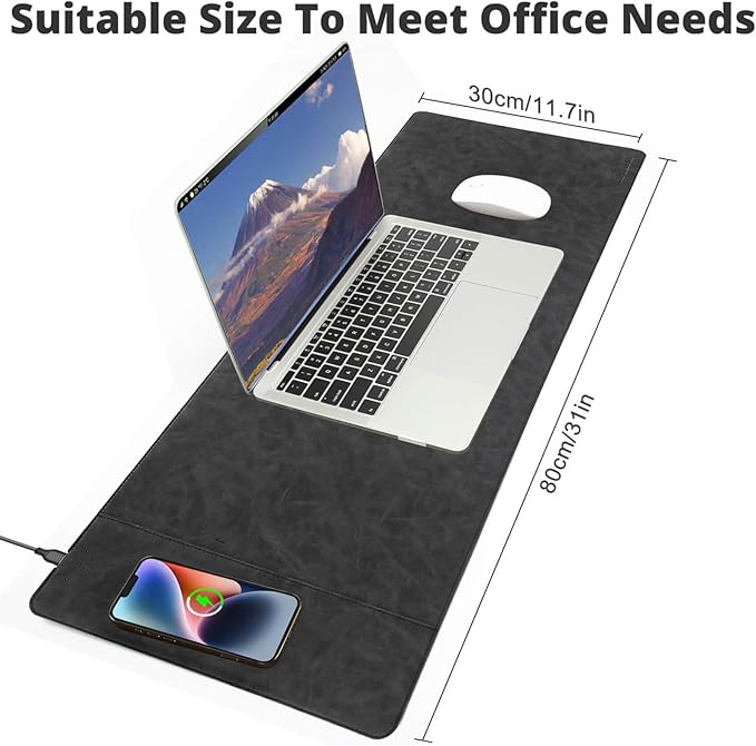 Magnetic Wireless Charging Mouse Mat, 31"x11.7" Large Mouse Pad with Wireless Charging, Microfiber Leather Office Desk Pad, Waterproof Extended Computer Keyboard Desk Mat for Office & Home, Laptop
