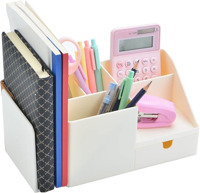 Desk Organizer with Bookshelf White Desktop Organizers and Accessories Bookends Multifunctional Office Stationary Organizer with Drawer Plastic Makeup Storage Box (Small, Beige)