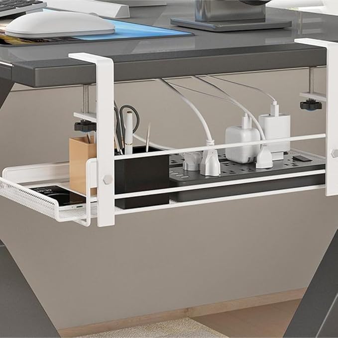 Cable Management Under Desk, Under Desk Cable Management Tray, No Drill Steel Desk Cable Organizers, Wire Management Tray Cable Management Rack 36.5 * 20 * 17.5cm (White-L)