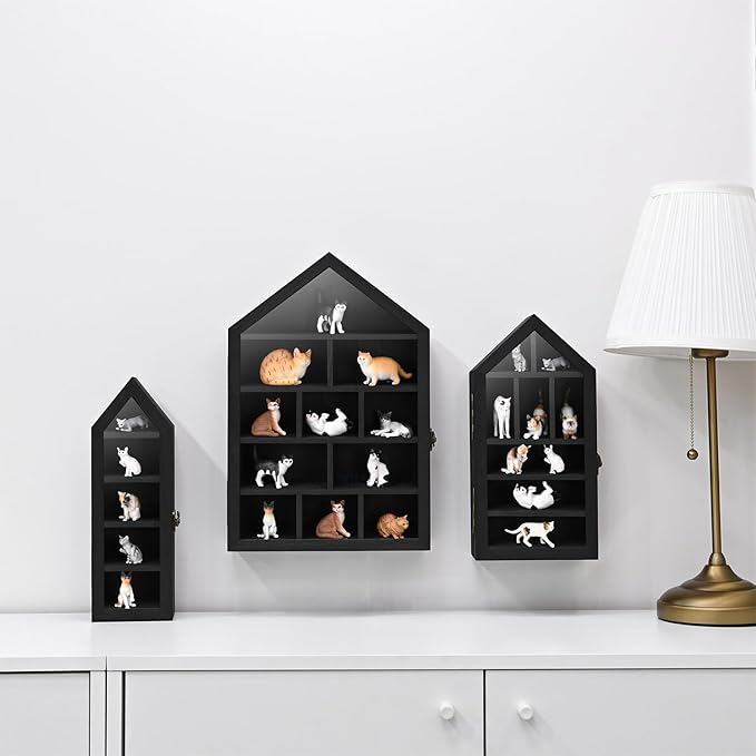 Ikee Design 3 Pcs Set Wall-Mounted House-Shaped Wooden Shadow Cubby Box Display Shelf with Door Storage Display Case for Collectibles, Trinkets, Mini Figures, Black Color, 21.1W x 3.1D x 14.8H in