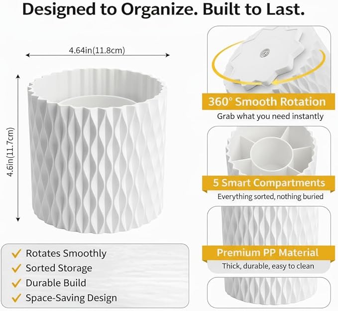 White Pen Holder for Desk, 360° Rotating Pencil Holder with 5 Slots - Spinning Desk Organizer & Pencil Cup for Art Supply, Office Pen Organizer for Home, School, Desk Accessories