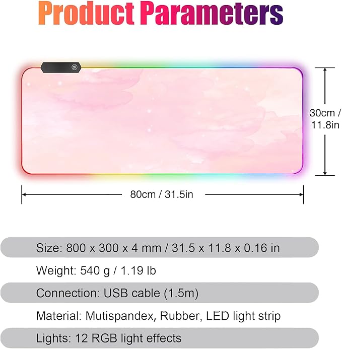 RGB Large Gaming Mouse Pad, Extended Mouse Pad with 12 Lighting Effects, Water Proof Mutispandex Surface, Non-Slip Rubber Base, 80x30 cm / 31.5×11.8 in (Pink Nebula)