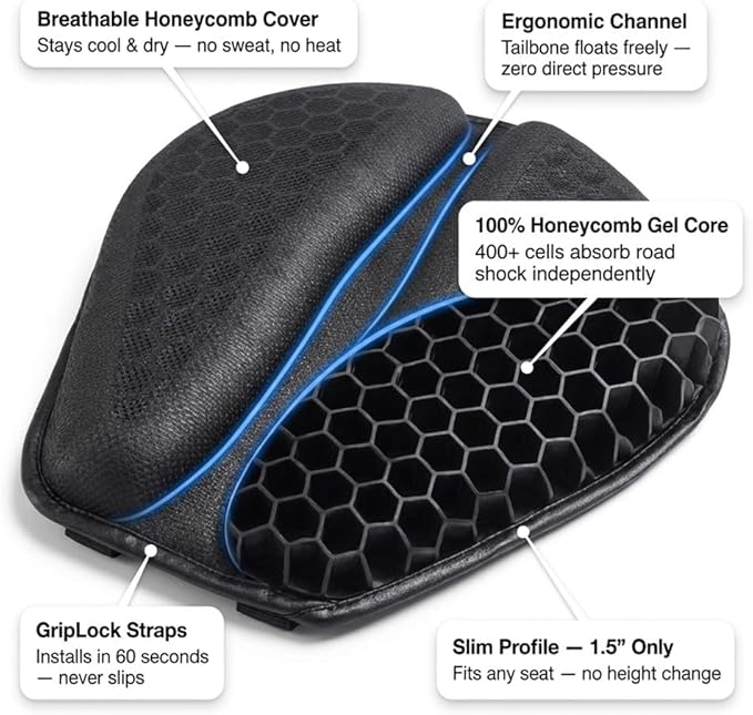 Motorcycle Seat Cushion, 100% Gel Rider Cushion, Universal Non-Slip Grip Ergonomic Motorcycle Seat Pad, 3D-Honeycomb Structure TPE Shock Absorption Breathable Seat Pad for Long Rides