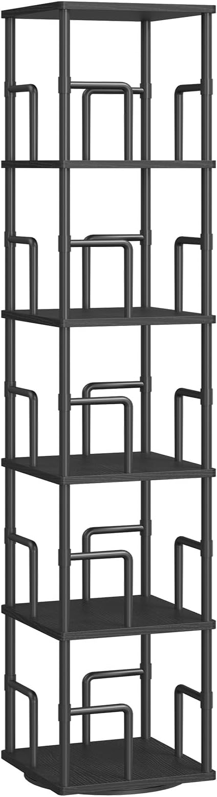 MAHANCRIS 5-Tier Rotating Bookshelf, Freestanding Corner Bookshelf, 360° Spinning Bookcase, Industrial Style Storage Rack with Rails, for Living Room, Bedroom, Study, Black BKBK1601
