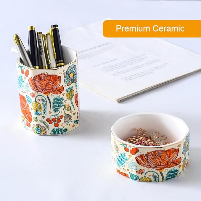 Aesthetic Desk Organizer Set of 2 For Office, Pen Holder and Paper Clip Holder Dispenser, Ceramic Cute Pencil Cup for Desk, Desktop Accessories, Office Decor, Ideal Gifts for Women, Mom (Flower)