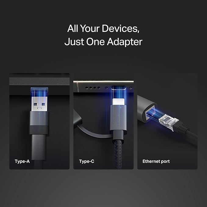 TP-Link 2-in-1 USB 3.0 & USB C to Ethernet Adapter, RJ45 Gigabit LAN, Plug & Play, Aluminum Case, Ethernet Adapter for Laptop, Thunderbolt 4/3 Compatible with Windows, Mac/iPad OS & More (UE310C)