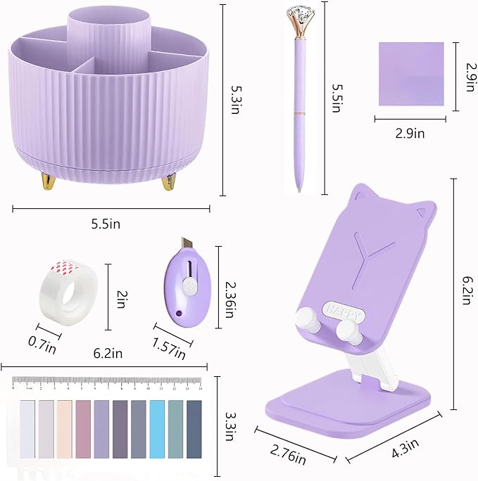 Office Supplies,Purple Desk Accessories,Desk Organizer,Phone Stand,Scissors,Stapler,Tape Dispenser,Binder clips,Staples,staple remover,Sticky Notes,Index Tabs,Clear Tape,Mini Box Cutter,Cool Pen.16pcs