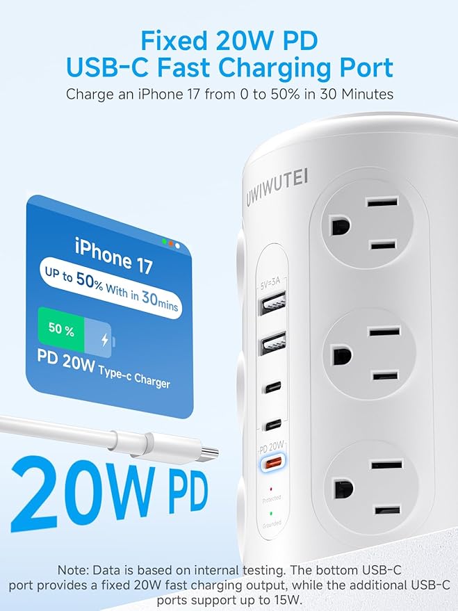 Tower Power Strip Surge Protector with Wireless Charging & Night Light - PD20W Fast Charging Station,12 Outlets, 5 USB (3 USB-C),1800J Protection, 10FT Extension Cord, Home Office Essentials(White)