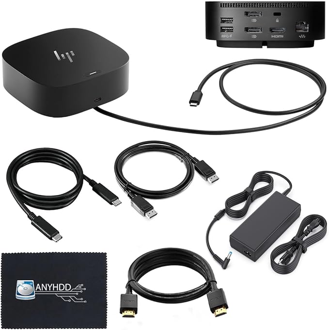 HP 26D32AA#ABL Docking Station G5 - HP Laptop Docking Station Dual Monitor Dock and Charging Bundle with 120W Adapter + HDMI Cable + DisplayPort Cable + USB-C Cable + Microfiber Cloth (Renewed)