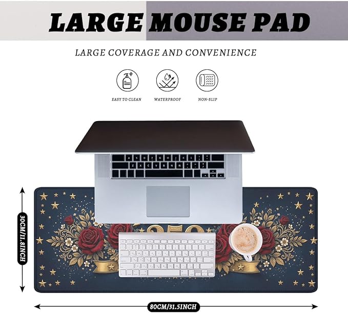 250 Years of Freedom Gaming Mouse Pad Cartoon Flowers USA Commemorative Mousepad Extended Large Laptop Keyboard Non-Slip Rubber Base with Stitched Edges for Home 31.5x11.8 Inch