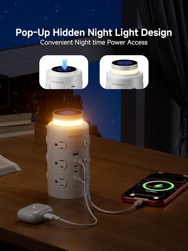 Tower Power Strip Surge Protector with Wireless Charging & Night Light - PD20W Fast Charging Station,12 Outlets, 5 USB (3 USB-C),1800J Protection, 10FT Extension Cord, Home Office Essentials(White)