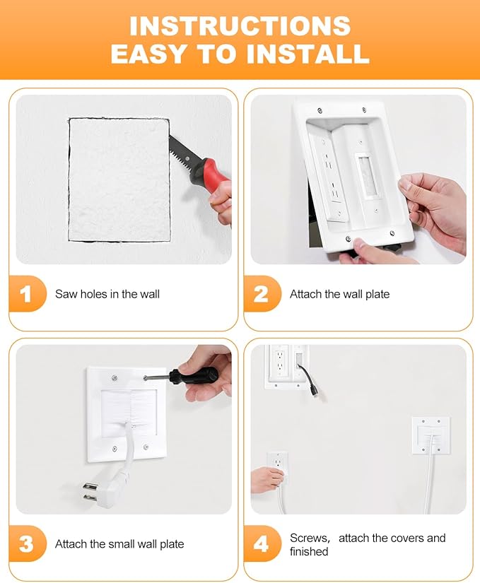 in Wall Cable Management Kit with Recessed Outlet Box, Two-Hole Socket, 10ft Power Cord, Hide TV Cords for Wall Mount TV and Home Theater, Fits All Standard Plugs, Easy, Safe Cable Management