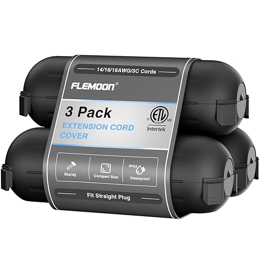 Flemoon [3 Pack] Outdoor Extension Cord Safety Cover with Waterproof Seal, Weatherproof Electrical Connection Box to Protect Outdoor Outlet, Plug, Socket, Christmas Holiday Decoration Light, Black