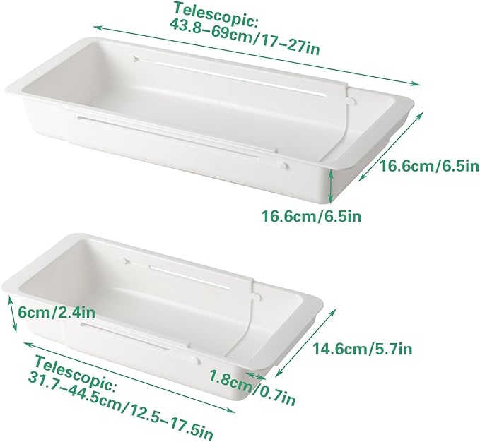 SnowTing 2 PCS Deep Drawer Organizer, 2 Sizes Expandable & Adjustable White Plastic Organizer, Sliding Drawer Storage Bins for Kitchen Utensils, Office Supplies, Cosmetics, Tools