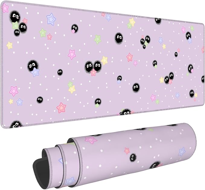 Cute Purple Mouse Pad,Large Kawaii Gaming Desk Mat(80x30cm),Star Sea Urchin Anime Lilac Decor Mousepad for Girls Women,Pastel Lavender Extended Girly Deskmat with Stitched Edges,31.5x12in