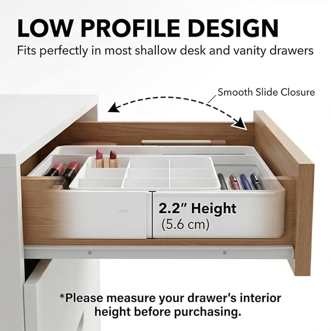 4-Way Expandable Drawer Organizer, Up to 13 Compartments Desk Divider with 6 Adjustable Dividers & Non-Slip Pads, Low Profile Tray (2.2" Tall) for Office, Makeup Vanity, White
