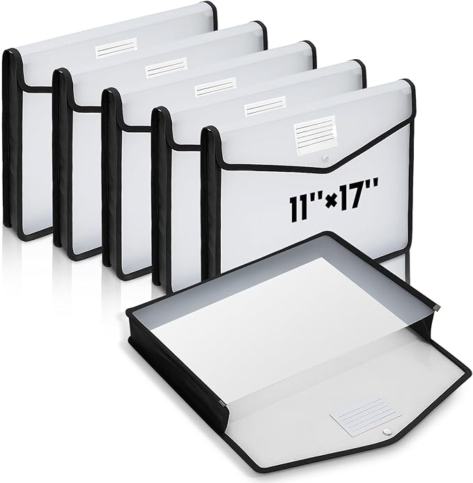 AmazingSpark 6 Pcs 11 x 17 Inch Expandable Tabloid Size Document Folder Organizers with Snap Closure & Label, Clear Plastic Expanding File Folder for A3 Ledger Size Plots Charts (Black)