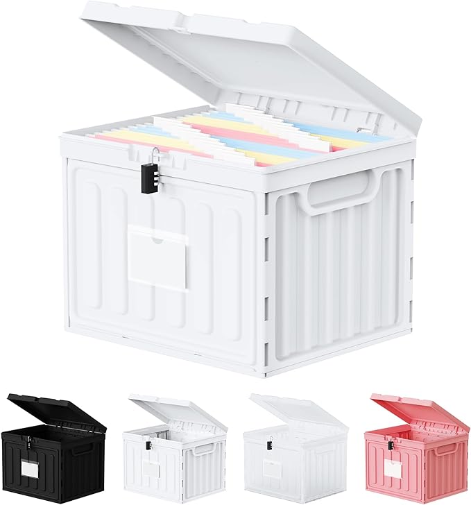 Small File Cabinet,Plastic File Box with Lid for Letter Size Hanging File Folders, Easy Carry Filling Box for Home, Office, School, Vertical File Cabinets, Stackable Storage Bins (White, 1 Pcak)