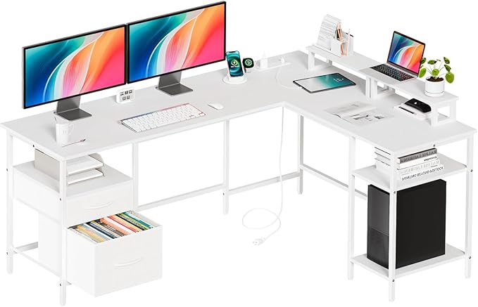 DUMOS 62 Inch L Shaped Gaming Desk with Charging Station & 2 Monitor Stands, Computer Desk with Drawer & Adjustable Storage Shelves, Large Corner Desk for Home Office, Light White