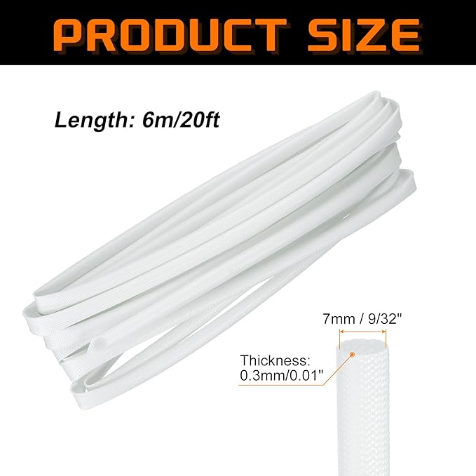 MECCANIXITY 20ft Braided Cable Sleeve, 9/32" ID 200C Heat Resistant 1500V Fiberglass Wire Insulation Cord Protector Organizer Wires Management for Motor Engine Fuel Line, White