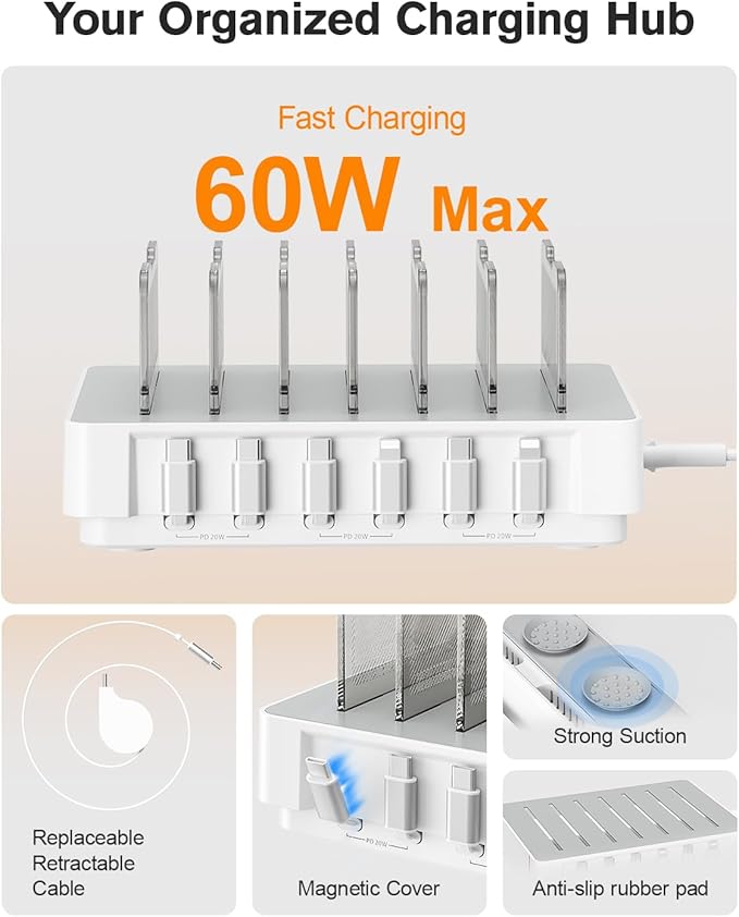SooPii HomeHub H1 Charging Station for multiple devices,Upgraded 6-Port Desktop Fast Charger with 6 Retractable Cables（4*C+2*iP）,60W PD charger station for iPhone/Tablet,Tangle-Free Charging Organizer