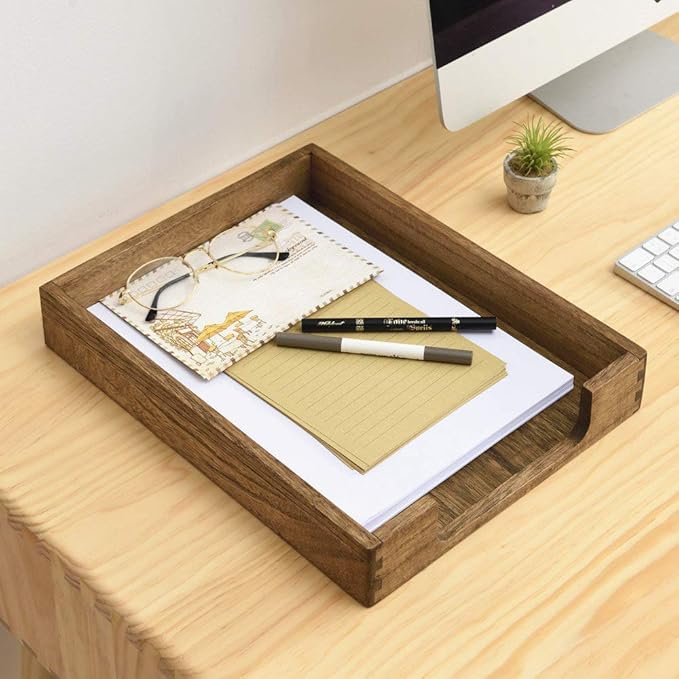 KIRIGEN Wood Letter Tray, Single-Tier Front-Load Desktop Paper Organizer, Brown Wooden Document Tray for Letter and A4 Paper, File Folder, Mail, Home Office Desk, 13.77 x 10.62 x 2.16 Inch, TP-DBR