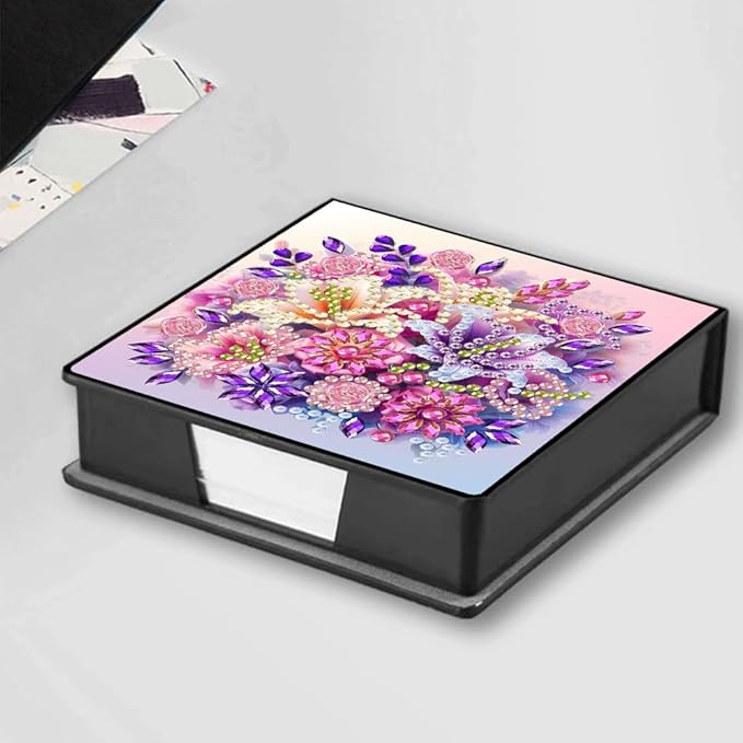 FRANDEK Flowers Creative Diamond Art Desk Organizer, DIY PU Note Box with 160 Sheets, All-in-One Gift Set for Craft Lovers, Elegant Mosaic Kits for Home & Office