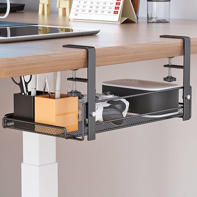 Cable Management Under Desk, Under Desk Cable Management Tray, No Drill Steel Desk Cable Organizers, Wire Management Tray Cable Management Rack 36.5 * 20 * 17.5cm (White-L)