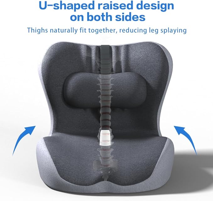 Adjustable Seat Cushion & Lumbar Support Pillow Set for Office Chair, Ergonomic Pillow for Sciatica Pain Relief, Memory Foam Back Support Pillow & Chair Cushion for Car seat, Desk Chair (black,grey)