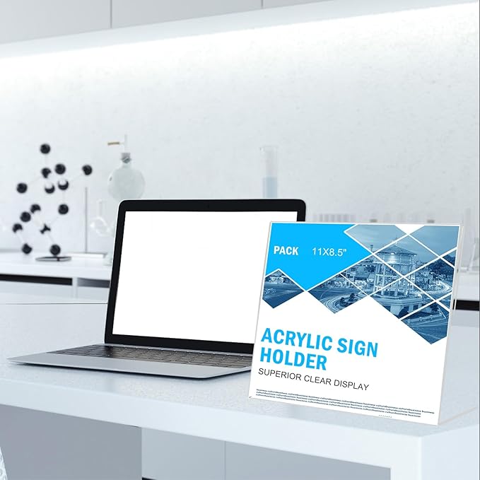 12 Pack Acrylic Sign Holder 8.5 x 11 Horizontal Slant Back Acrylic Stands for Display Plexiglass Clear Acrylic Display Stands for Ad Frame, Picture Photo Frames, Promotions, Restaurants, Office