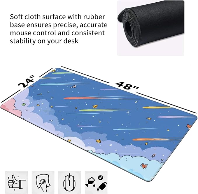 Extra Large Mouse Pad 48x24 Inch, Colorful Shooting Stars & Clouds XXXL Desk Mat with Non-Slip Base, Blue Mousepad for Gaming Office, Soft Keyboard Mat for Full Desk Coverage