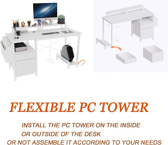 Modern Home Office Desk, Built-in Power Outlets, File Storage, Dual Monitor Stands, Shelves Ergonomic Design, Multi Functional for Work & Gaming (White + MDF+Metal + Modern)
