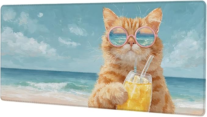 Cat Beach Funny Large Mouse Pad Non-Slip Rubber Long Gaming Desk Mat Big Computer Keyboard Mousepad Waterproof Protector Wristing Pad for Gaming Office Home Decorative 31.5 X 11.8 Inch