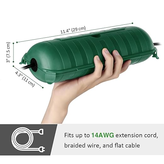 Flemoon Outdoor Extension Cord Safety Cover with Large Housing and IPX4 Waterproof Seal, Weatherproof Electrical Box for Outdoor Plugs and Power Cable Connections, Green