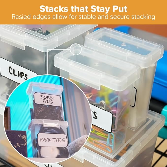 Bostitch Konnect Storage Containers with Lids, Clear Plastic Box, Stackable for Crafts, Home, and Office Organization, Labels, 5 Piece (1 4Qt Box, 21.5-Qt Boxes, 2 0.5-Qt Boxes)