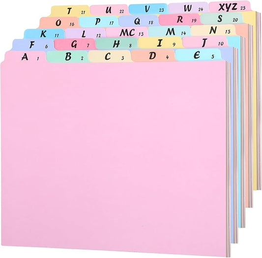 1 Set 25 Alphabet File Dividers A-Z Top Tab File Guides Letter Size 1/5 Cut Tab Alphabetic and Number Files Organizer Filing Cabinet Dividers for Work Office Home School Desk Organizer (Pastel)