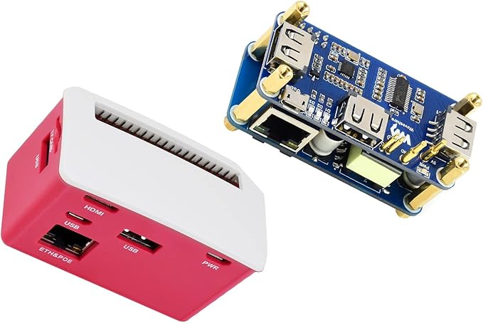 Waveshare PoE Ethernet USB HUB HAT with Box ABX Case for Raspberry Pi Zero/Zerow/2, with 1 RJ45 10/100M Ethernet Port, 3 USB Ports Compatible with USB2.0/1.1, 802.3af-Compliant