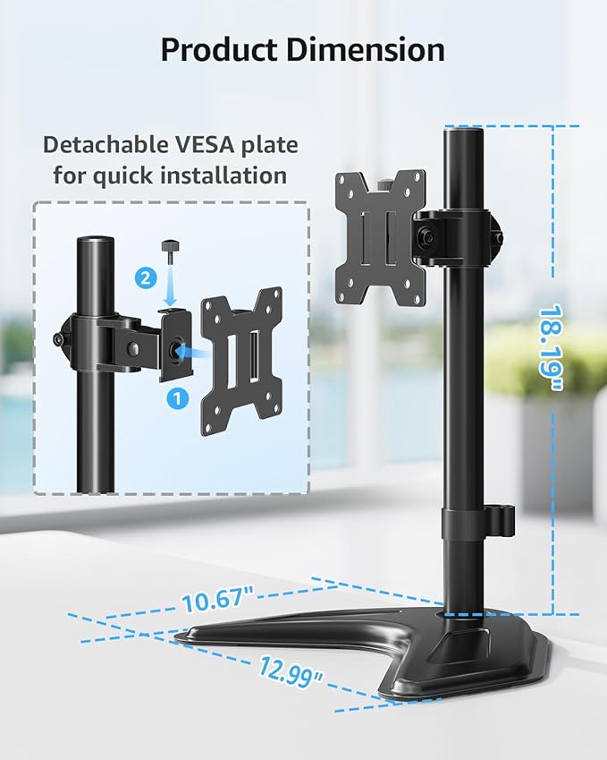 MOUNTUP Single Monitor Stands, Freestanding VESA Monitor Desk Mount fits 13'' to 32'' Computer Screen with Height Adjustable, Swivel, Tilt, Rotation, 17.6 lbs Load, For Home Office, VESA 75x75/100x100
