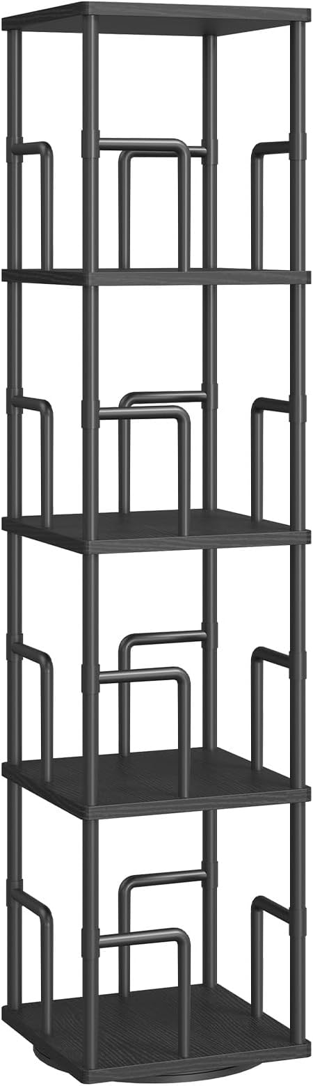 MAHANCRIS 4-Tier Rotating Bookshelf, Freestanding Corner Bookshelf, 360° Spinning Bookcase, Industrial Style Storage Rack with Rails, for Living Room, Bedroom, Study, Black BKBK1501