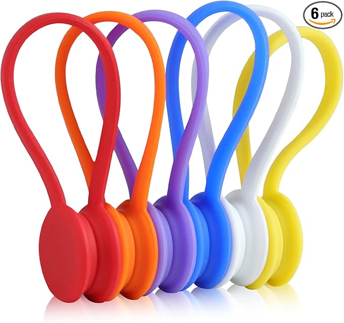 6 Pack Reusable Silicone Magnetic Cable Ties,Magnetic Cable Clips for Bundling and Organizing Headphone Cables,USB Charging Cords, Hanging & Holding,Stitching Fabric Magnetic Twist Ties