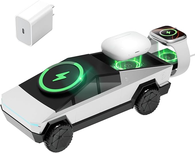 CyberDock 3-in-1 Wireless Charging Station, Cybertruck 1:25 Scale Charger with Qi2 Certified 15W Charging for iPhone iWatch AirPods, Magnetic Rotating Charger with Ambient Light, 30W Adapter, Sliver