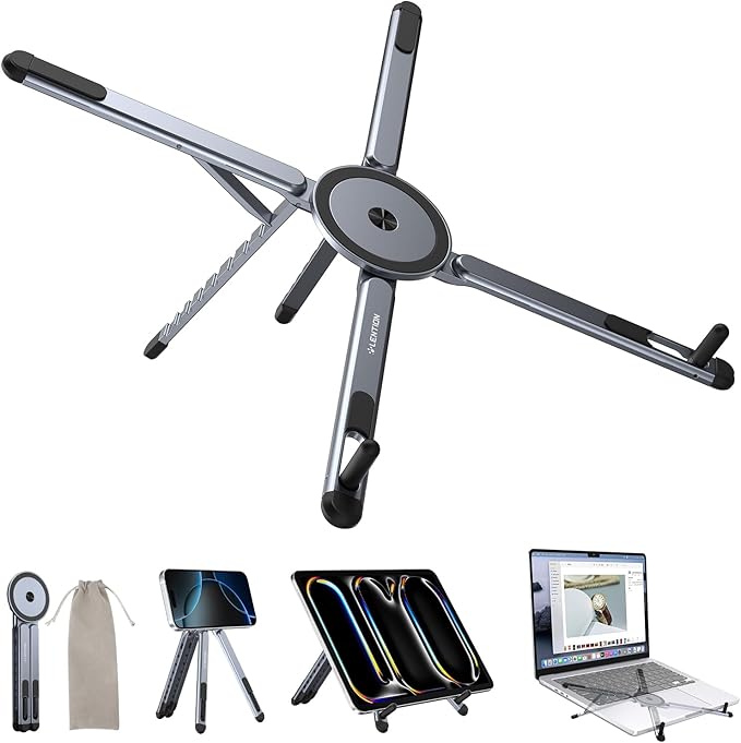 LENTION Magnetic Foldable Laptop Stand, 8-Level Adjustable Aluminum Laptop Riser, N52 MagSafe Phone Tablet Tripod Holder, Portable Ergonomic Desk Stand for 10-16 Inch Laptop Home Office Travel