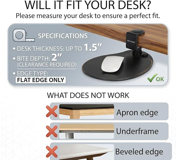 MAX SMART Clamp on Mouse Platform, Clip on Mouse Pad, Rotating 360, Easy Slide Out Tray, Suitable Up to for 1.5" Thickness Desk, for Home, Office to Save Space (Black)