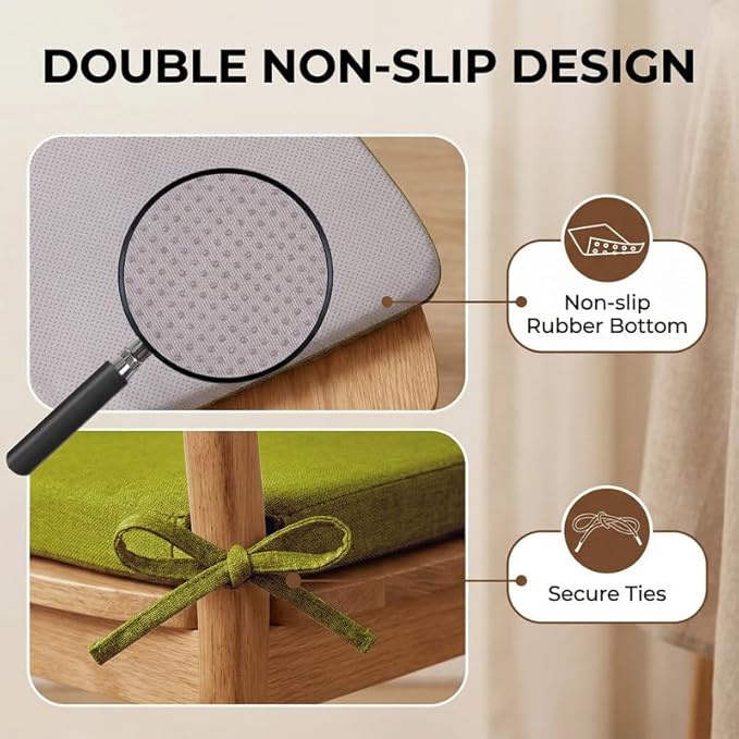 Chair Cushions Set of 4, D-Shaped Seat Cushion for Chair, Non Slip Chair Pads with Ties, 17" x 16" x 2", 40D Foam, Removable Washable Cover, Seat Cushions for Kitchen Chairs, Fluorescent Green