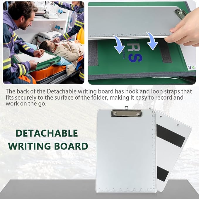 Durable Waterproof Medical Folder with Detachable Writing Board & Reflective Strips -A4 Document Bag for Emergency Care (Green)