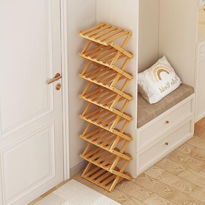 YYW Shoe Rack, Foldable Bamboo Shoes Shelf, Freestanding Shoe Storage Organiser for Entryway, Hallway, Bedroom, Closet (Wood Color, 3 Layers)