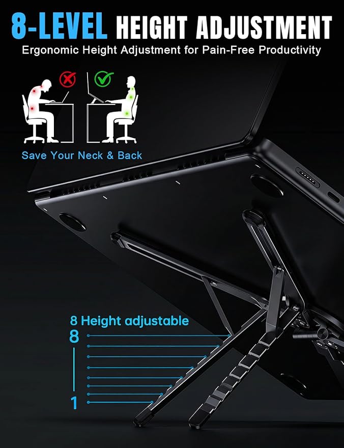 Magnetic Phone Stand & Foldable Laptop Riser, Matte Black Multi-Device Aluminum Desk Mount, N52 MagSafe Tripod Grip for Travel Office, Ergonomic Elevator for MacBook, iPad & iPhone