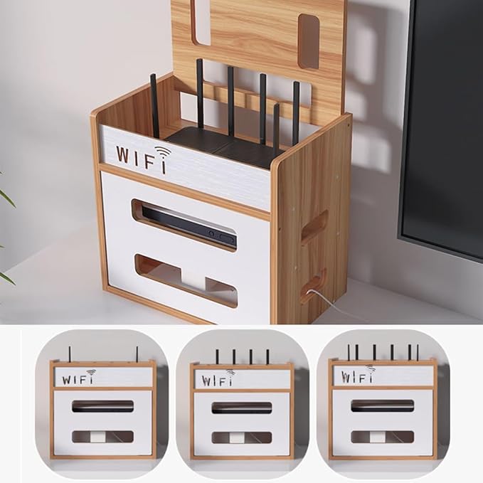 Wooden Router Shelf, Desktop WiFi Router Storage Box Modem Rack, Power Router Fences Standing Shelf Units, Cable Management Hider Box Organizer for Office and Home (Cherry Wood)